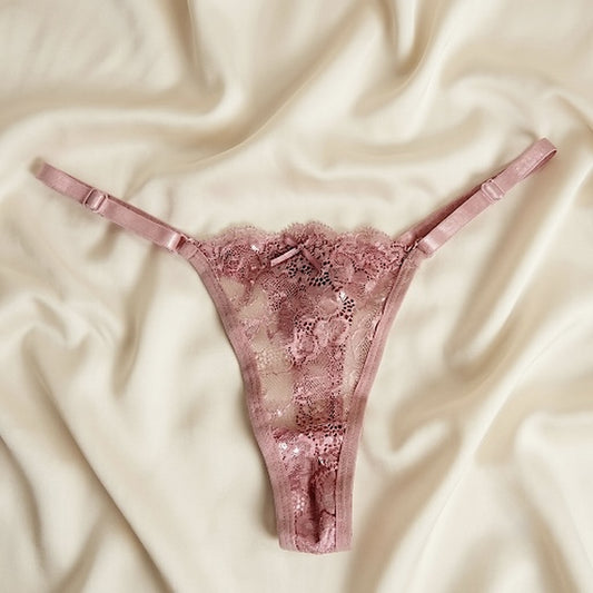 Tanga de encaje floral color mauve con tirantes graduables — Aurora Femme